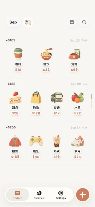 CapMoney ledger home with expense stickers grouped by day: coffee, dining, dessert, shopping and more